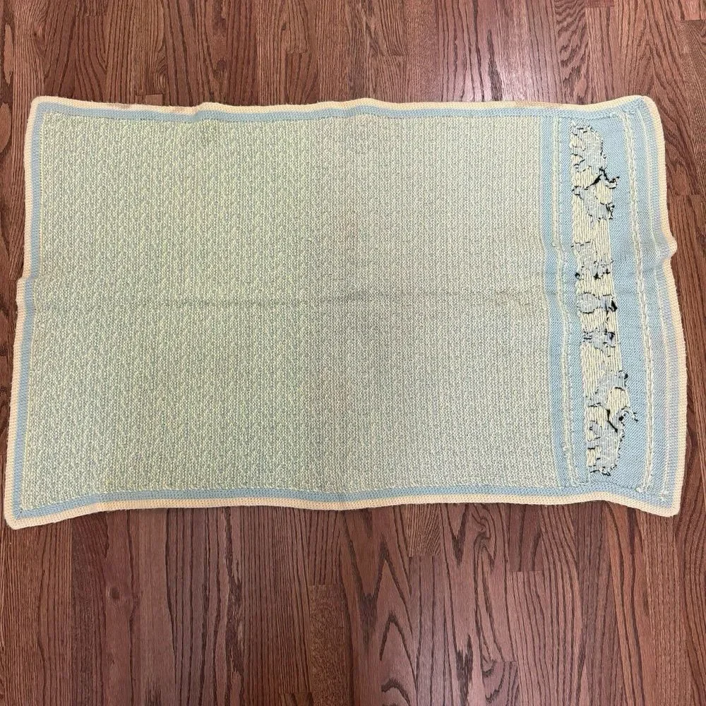 Vtg Crocheted Baby Afghan Blanket Blue Cream Bunny Elephant Animal Nursery Decor